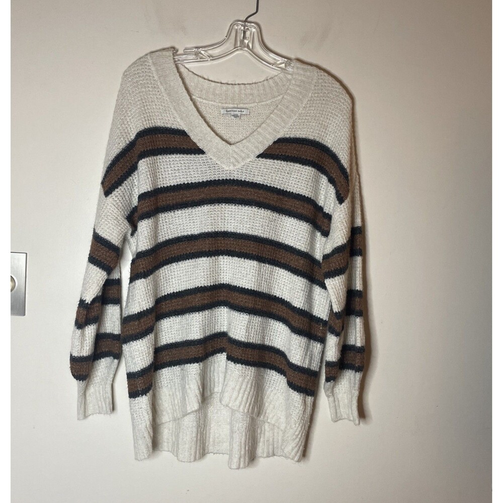 American Eagle Outfitters Sweater Women’s Oversized Stripe Cream Brown V Neck S